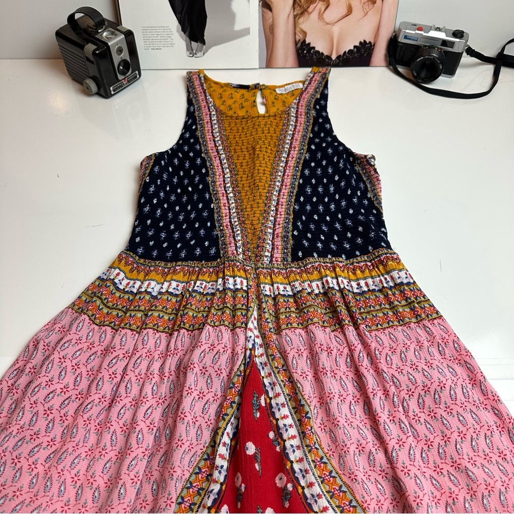 Patrons of Peace Patchwork Boho Mini Dress |Festival Prairie Cottagecore Rayon S - Picture 11 of 13